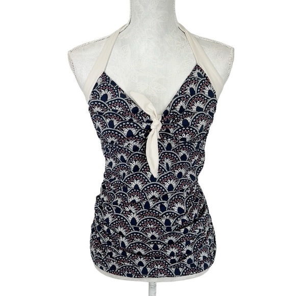 Downeast Swim Tankini Top Women's L Blue White Red Halter Lined - Picture 1 of 9